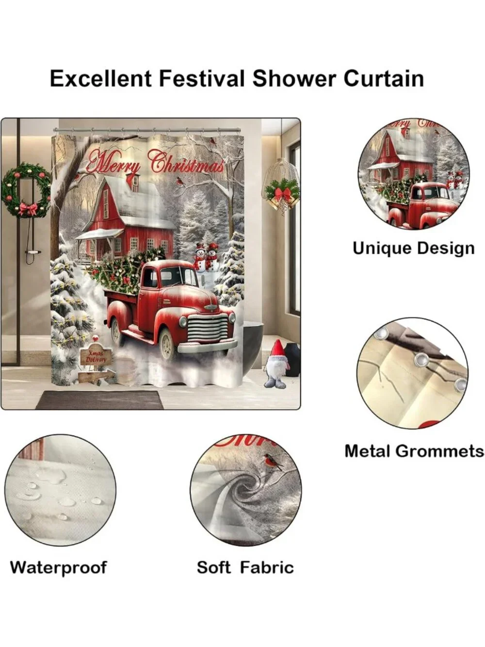 Vintage Red Truck Christmas Shower Curtain - Rustic Farmhouse Holiday Decor